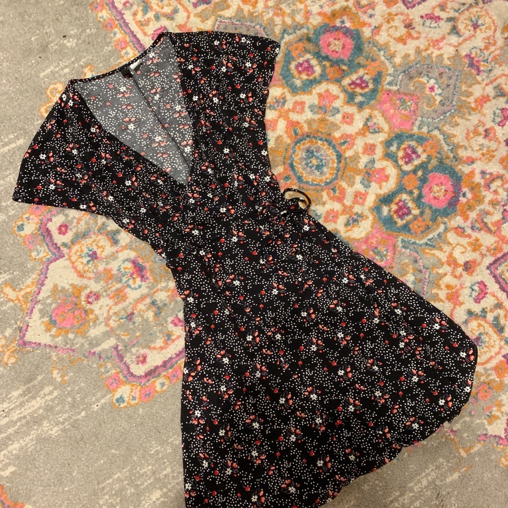 flower print wrap front navy dress
